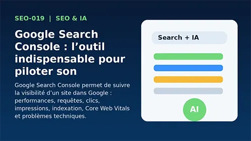 Tableau de bord SEO inspiré de Google Search Console avec clics impressions et indexation