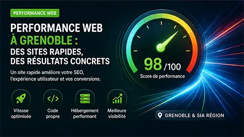 Illustration d’un site web rapide avec indicateurs de performance, serveur et optimisation mobile